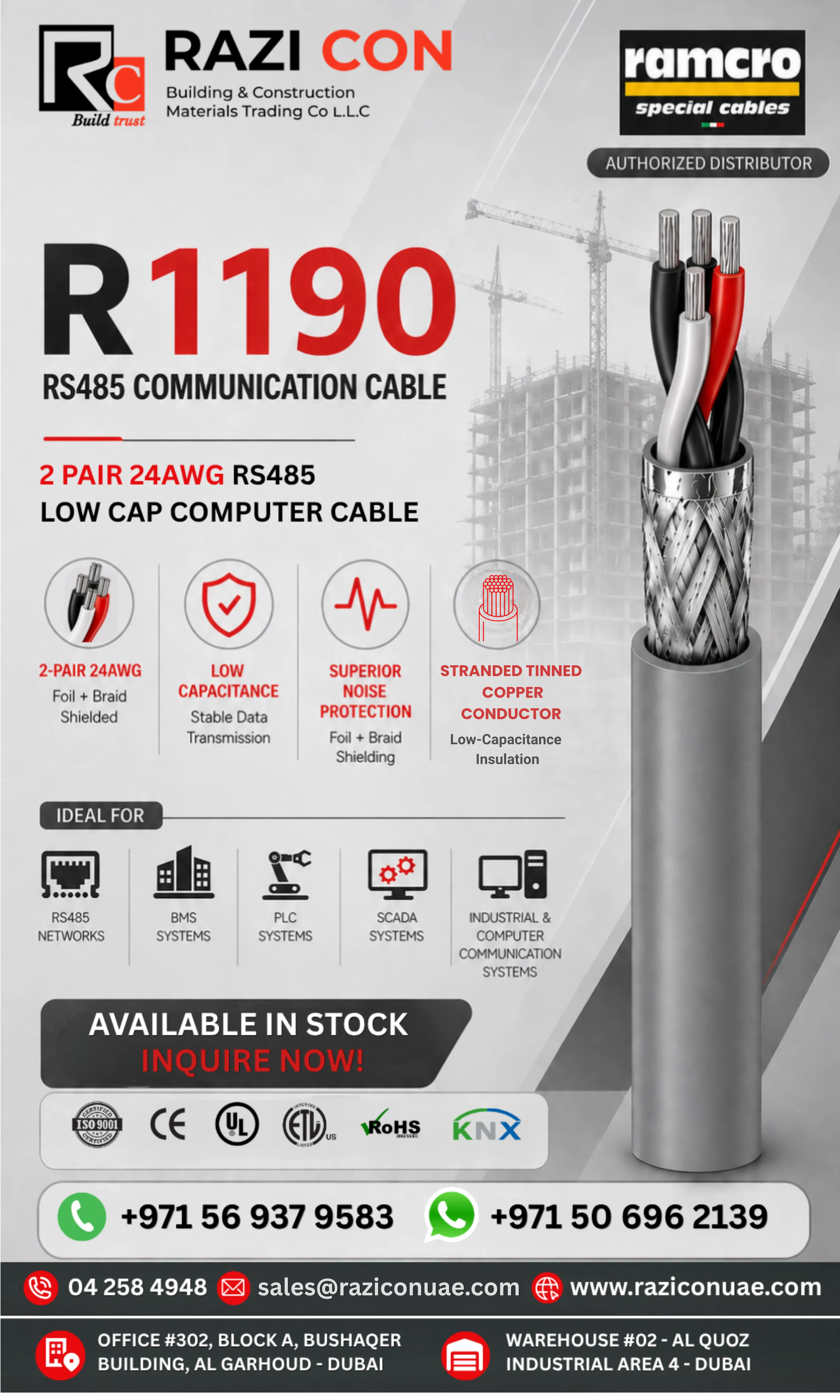 2 Pair 24 AWG Shielded Computer Cable (Foil + Braid) – Low Capacitance PVC Data & Control Cable | RS-485, BMS, Industrial Communication | UAE Supplier