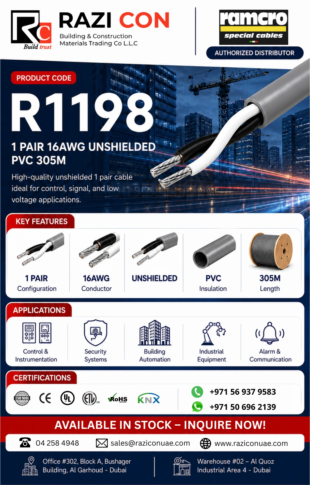 R1198 1 Pair 16AWG Unshielded PVC Cable | Ramcro Cable Distributor |